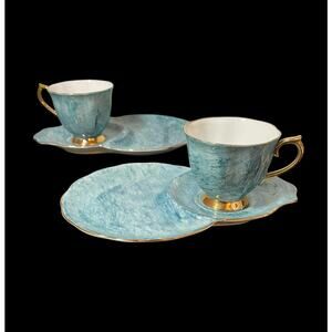 Royal Albert Gossamer Bone China England Blue Tea Cup & Saucer Snack Set Of 2